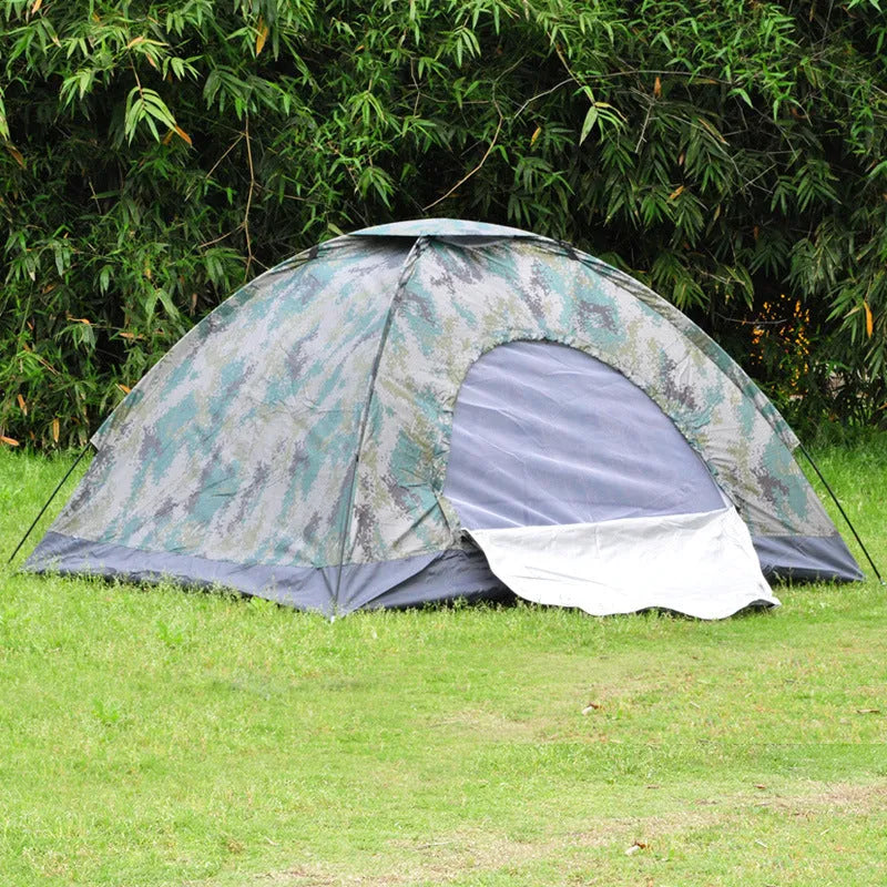 Green camouflage outdoor tent with triangular skylight and breathable mesh panels