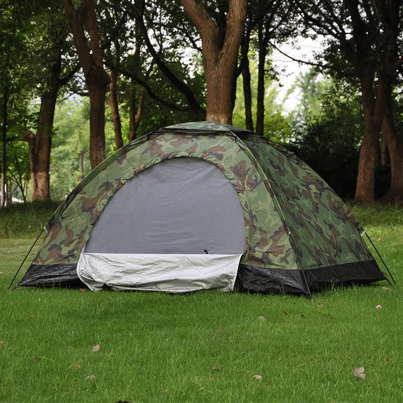 Green camouflage outdoor tent with triangular skylight and breathable mesh panels