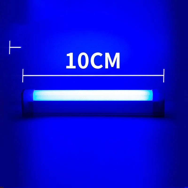 Blue and purple rechargeable LED tube stick lights in 17cm and 32cm lengths with a push-button switch.