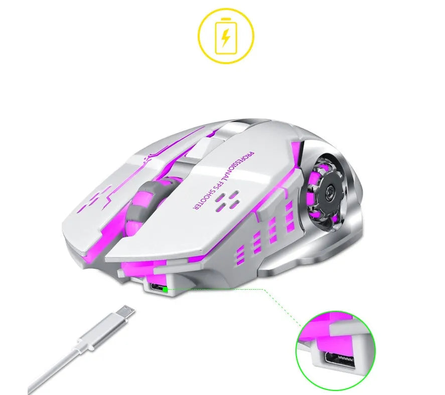 Black and white wireless silent mouse with six buttons on a desk next to a laptop