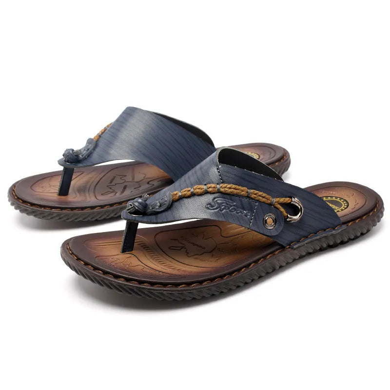 Plus size dark blue herringbone pattern outdoor slippers with rubber sole for men