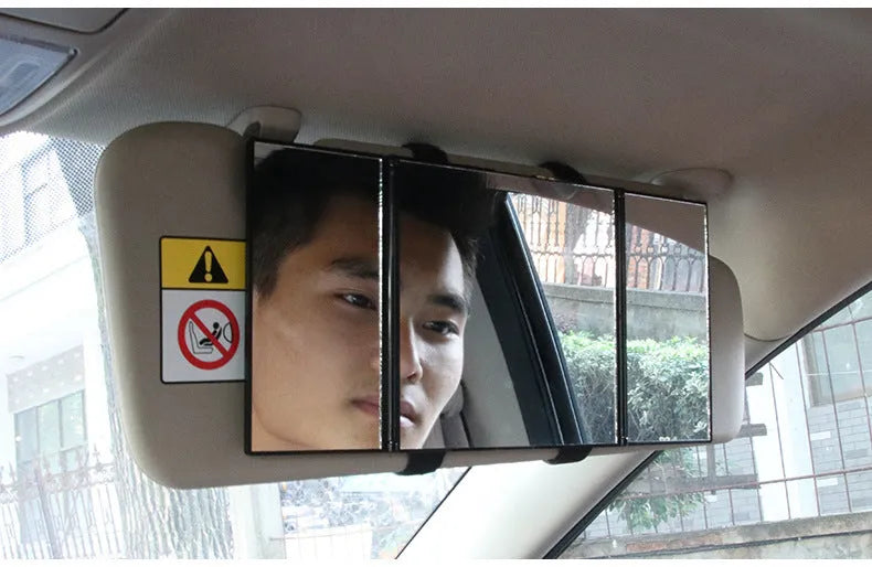Silver folding car makeup mirror shown closed at 15.5 cm wide, suitable for mounting on a car visor.