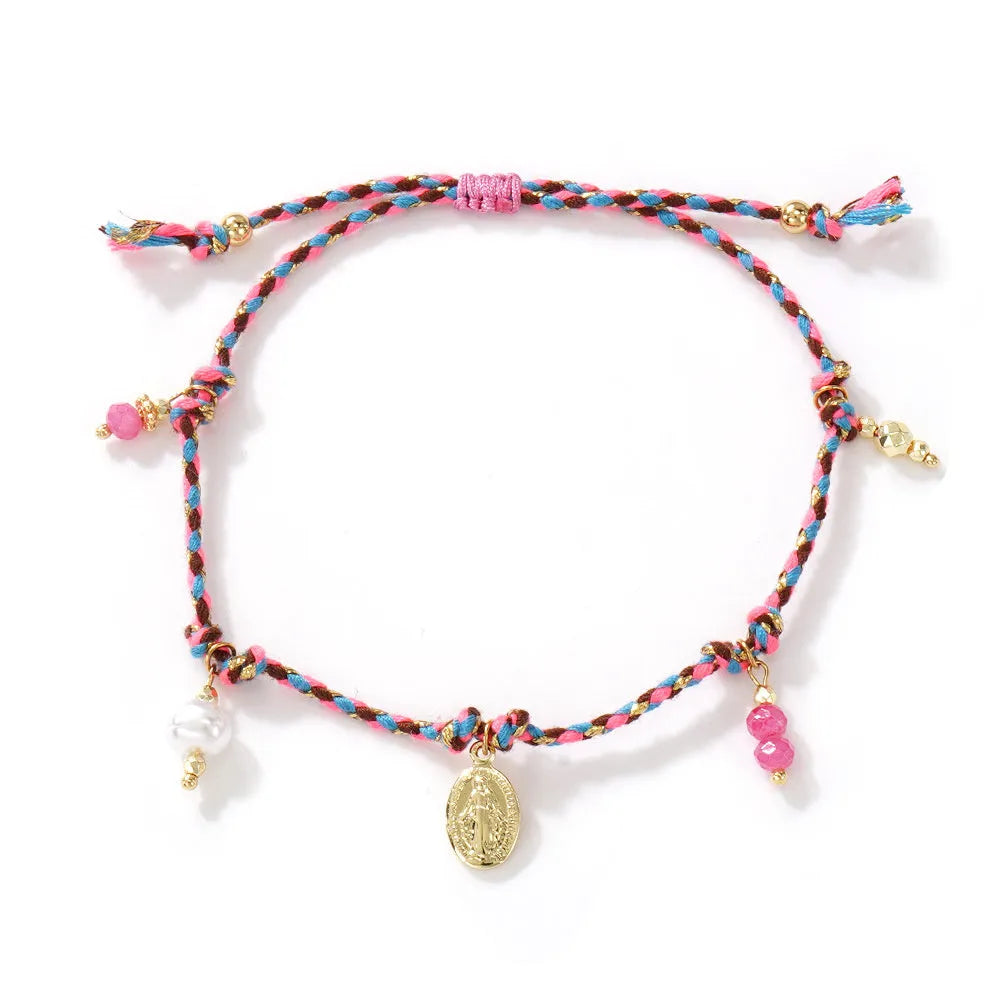 Hand-woven colourful braided rope bracelet with an adjustable carrying strap for women.