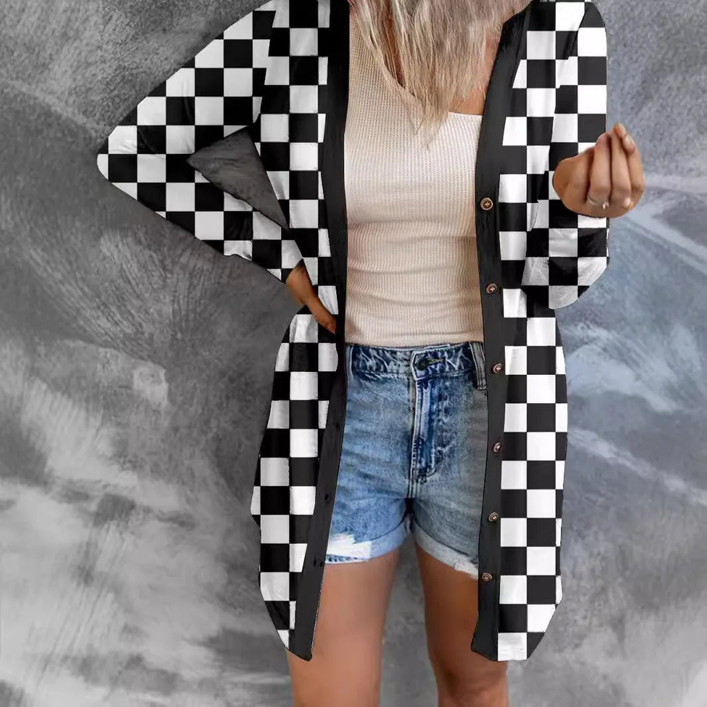 Long grey plaid patterned women's knitted cardigan coat with loose fit and regular sleeves.