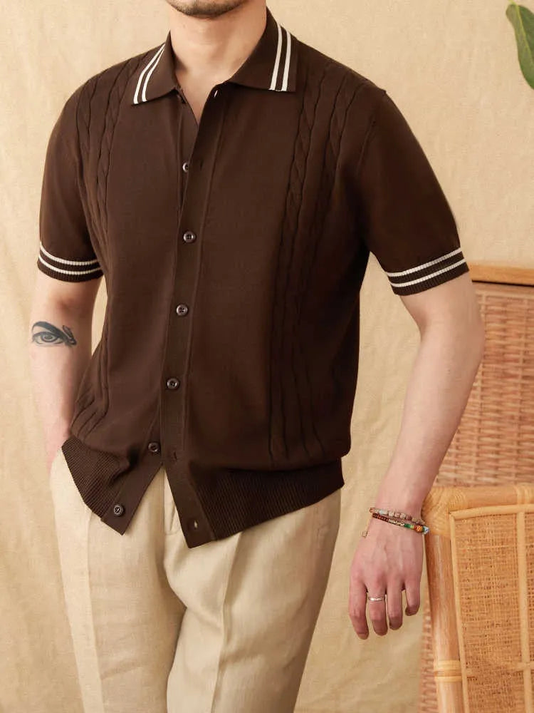 Cotton blend lapel polo shirt in apricot colour with short sleeves and knitted construction