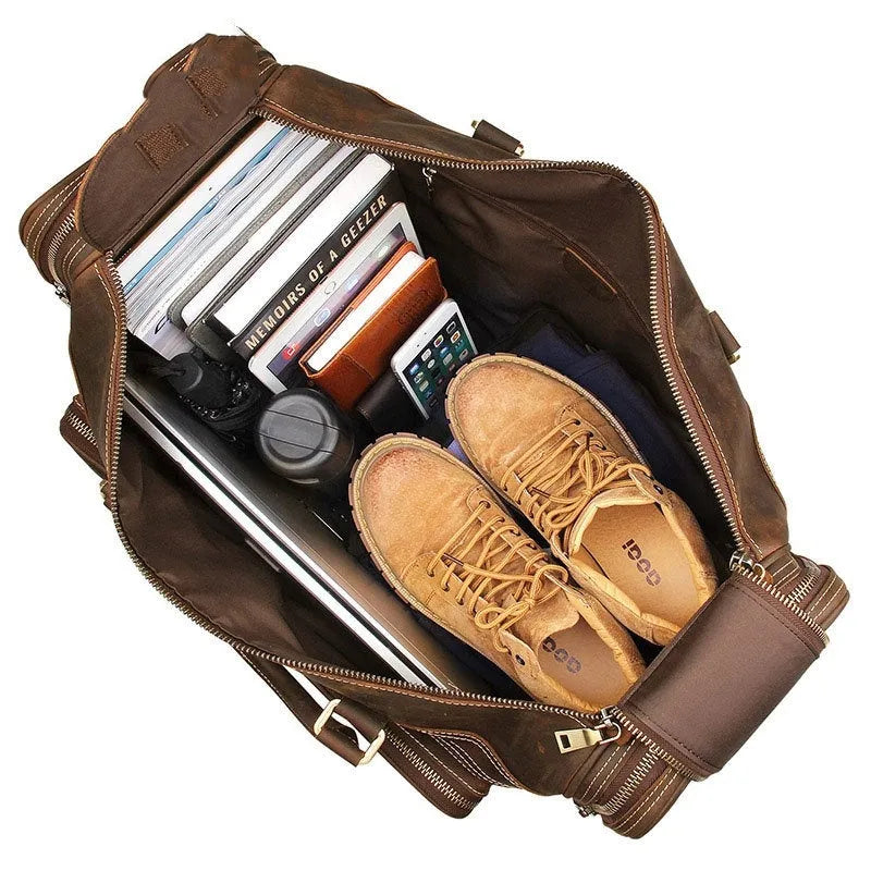 Crazy horse leather crossbody travel bag in dark brown with first layer cowhide, 36-55L capacity, for leisure travel