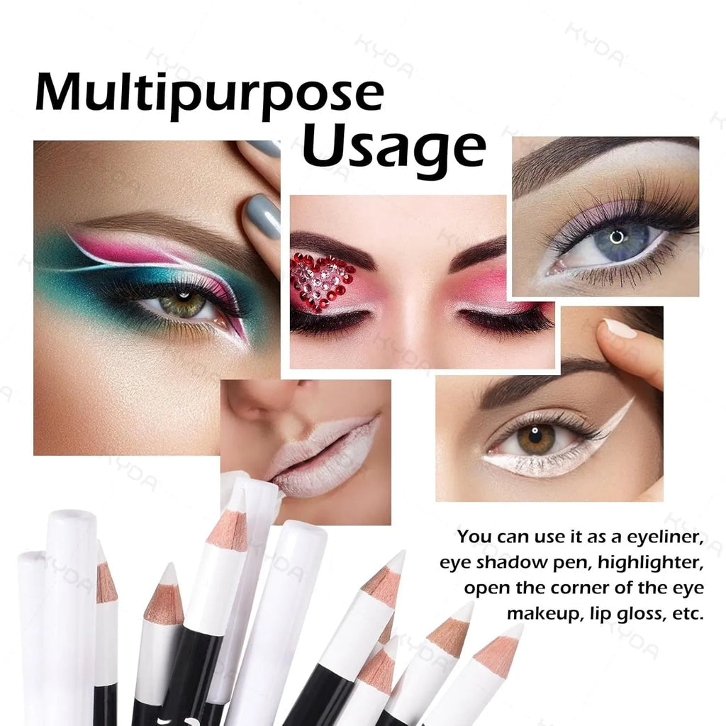 12-piece white and black waterproof eyeliner pencil set for eyebrows, eyeshadow and lips with sharpener