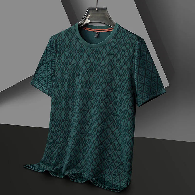 Man wearing a loose fit black Jacquard short sleeve T-shirt with a round neckline.