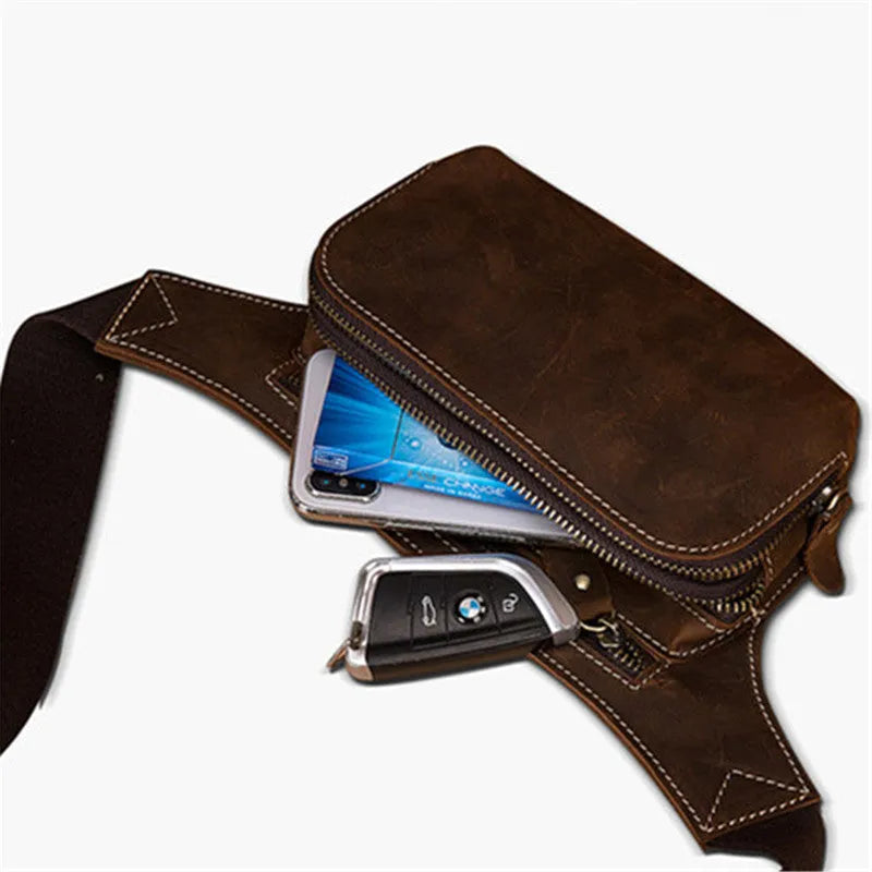 Brown top layer cow leather men's sports waist bag with zip closure.