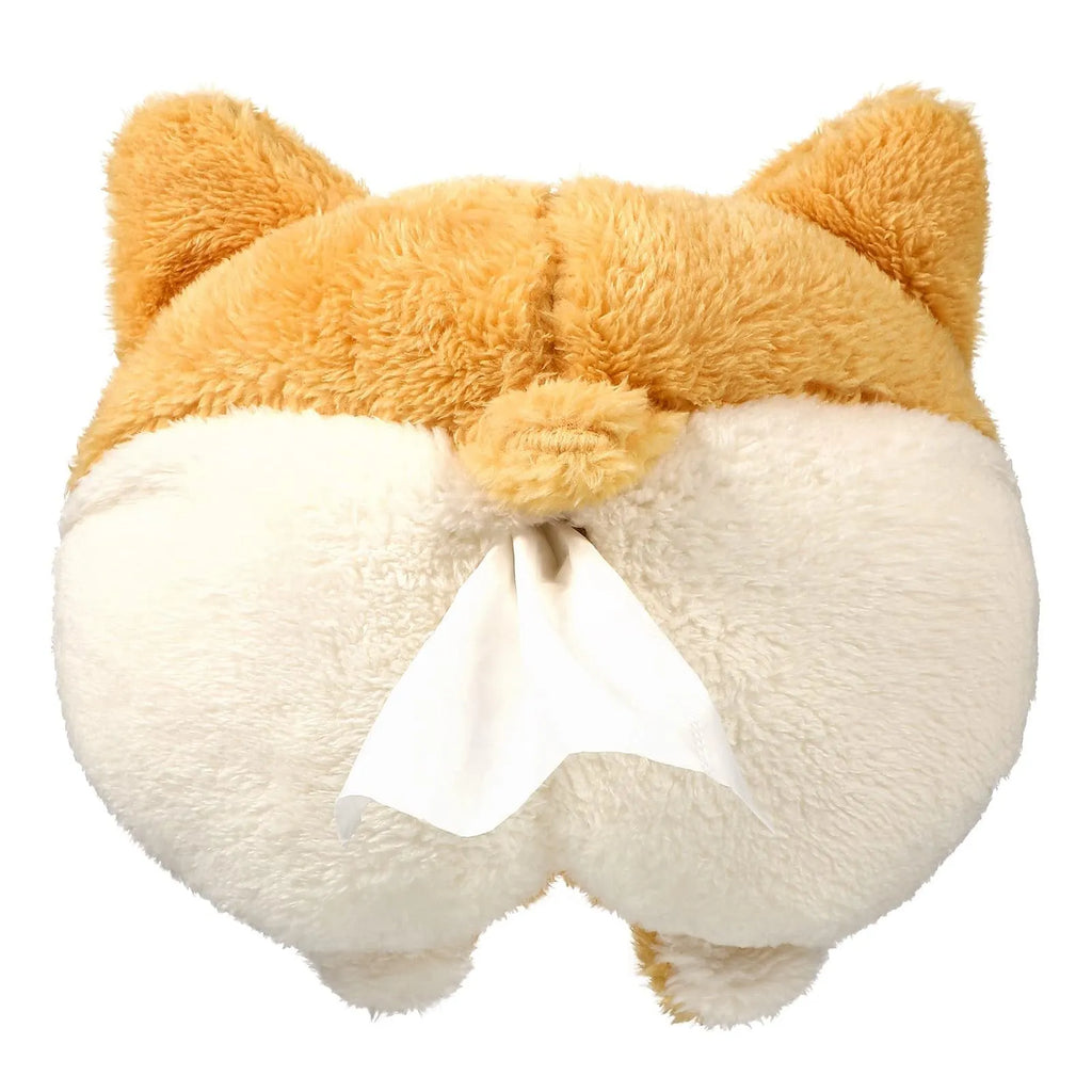 Yellow soft Corgi butt-shaped tissue box cover with elastic strap for car visor or home use.