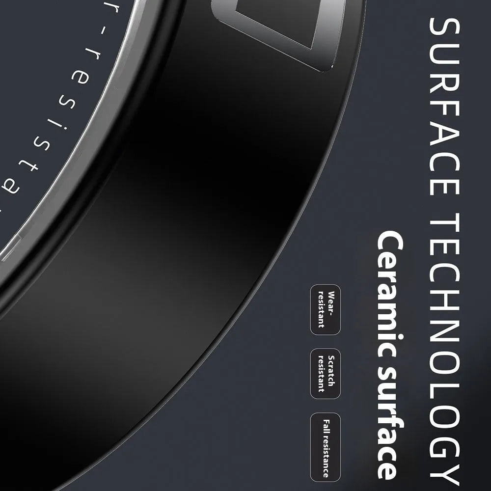 Black ceramic smart ring for health monitoring, shown with a charging case on a grey background.
