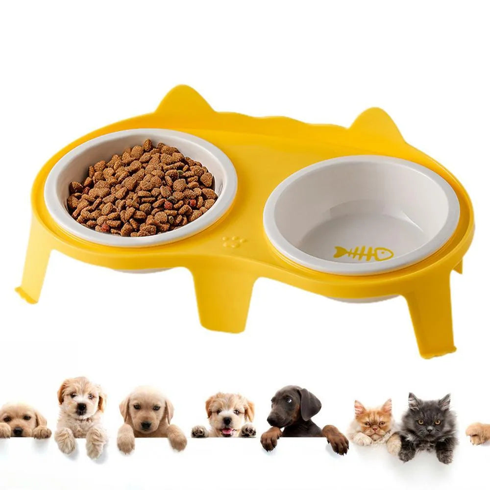 Blue ceramic cat food and water bowl set on a white elevated stand with storage hook