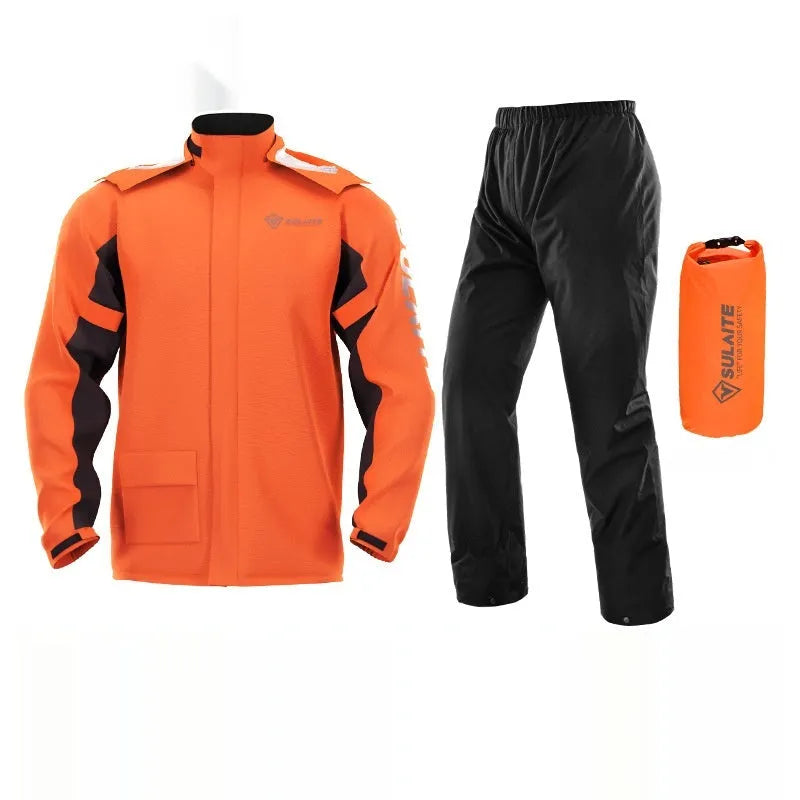 Motorcycle rain suit set showing raincoat, rain trousers, hidden shoe covers, and storage bag