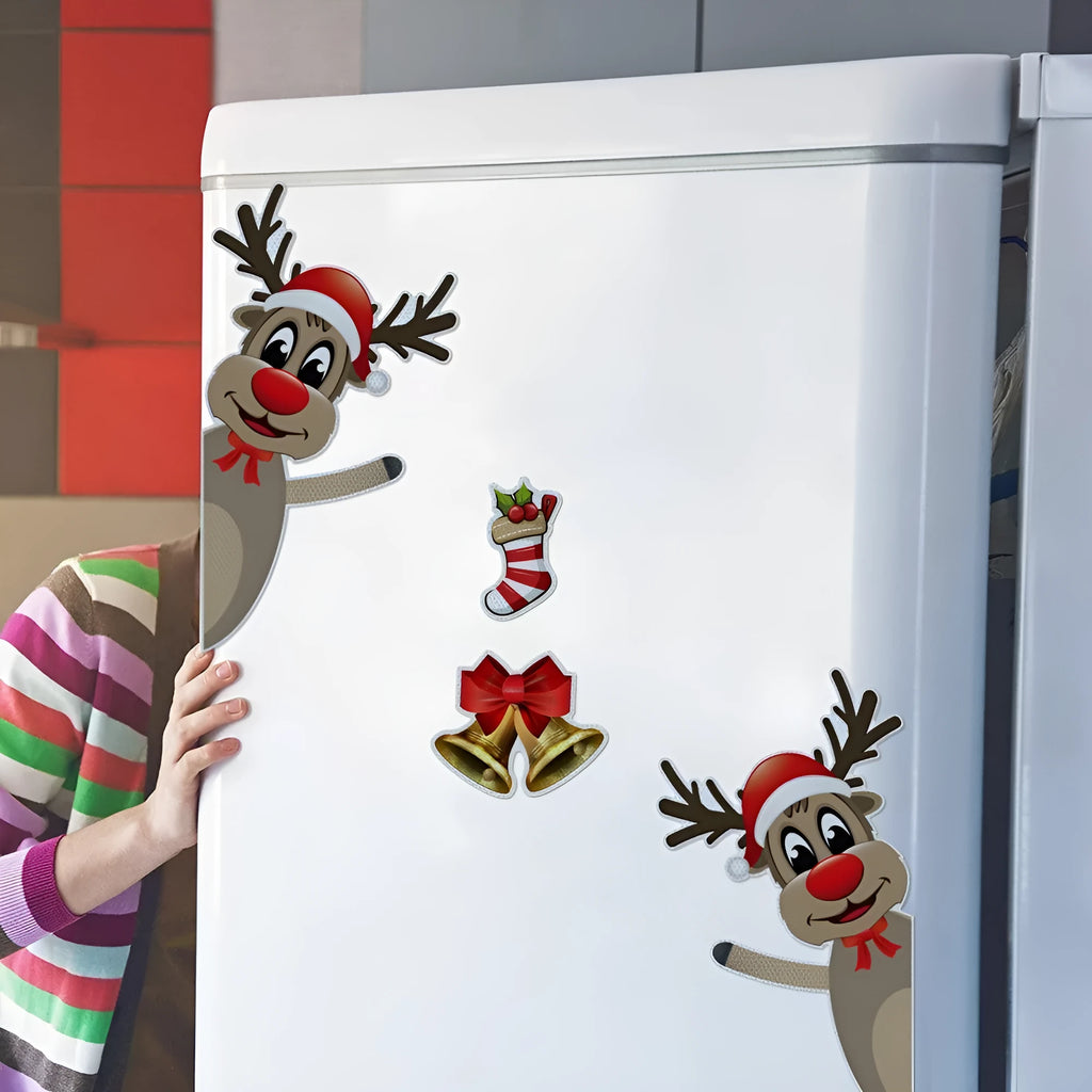 Cartoon Christmas elk bell design magnetic car bumper sticker with luminous reflective finish.