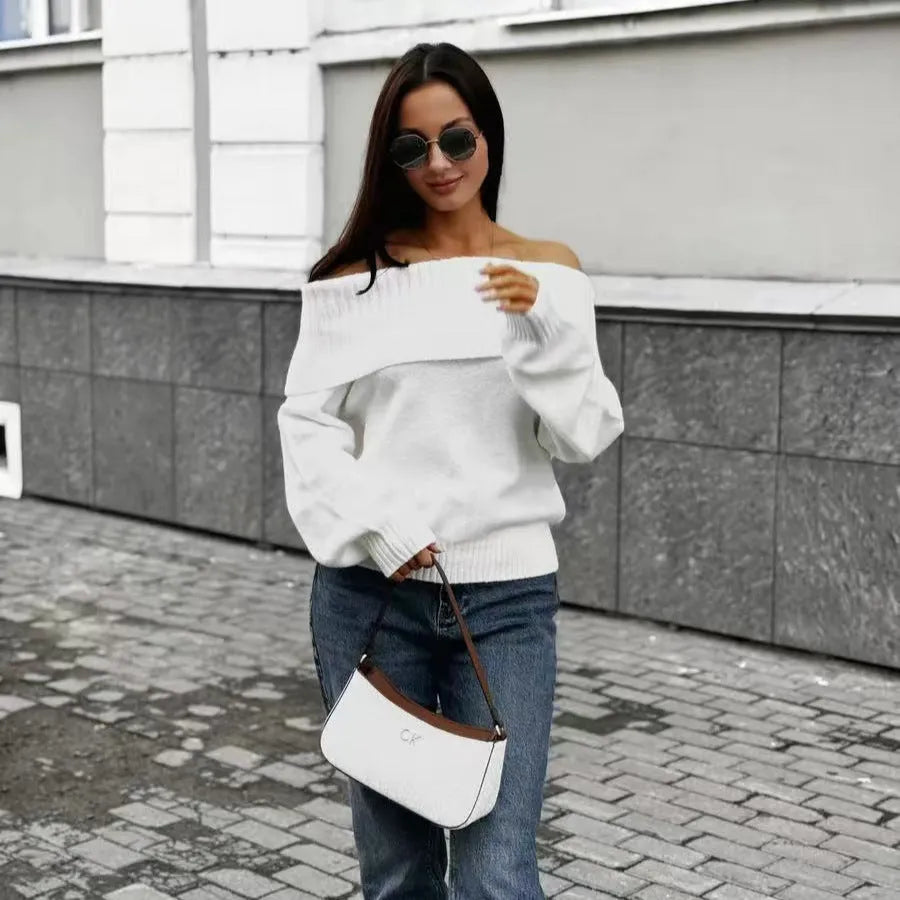 Grey off-the-shoulder acrylic sweater with 3D pattern, regular sleeves, and strapless design