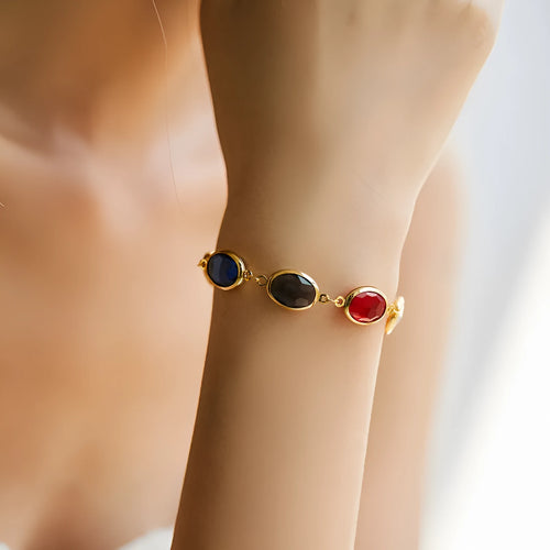 18K copper bracelet with geometric ellipse design and blue glass inlay embroidery for women