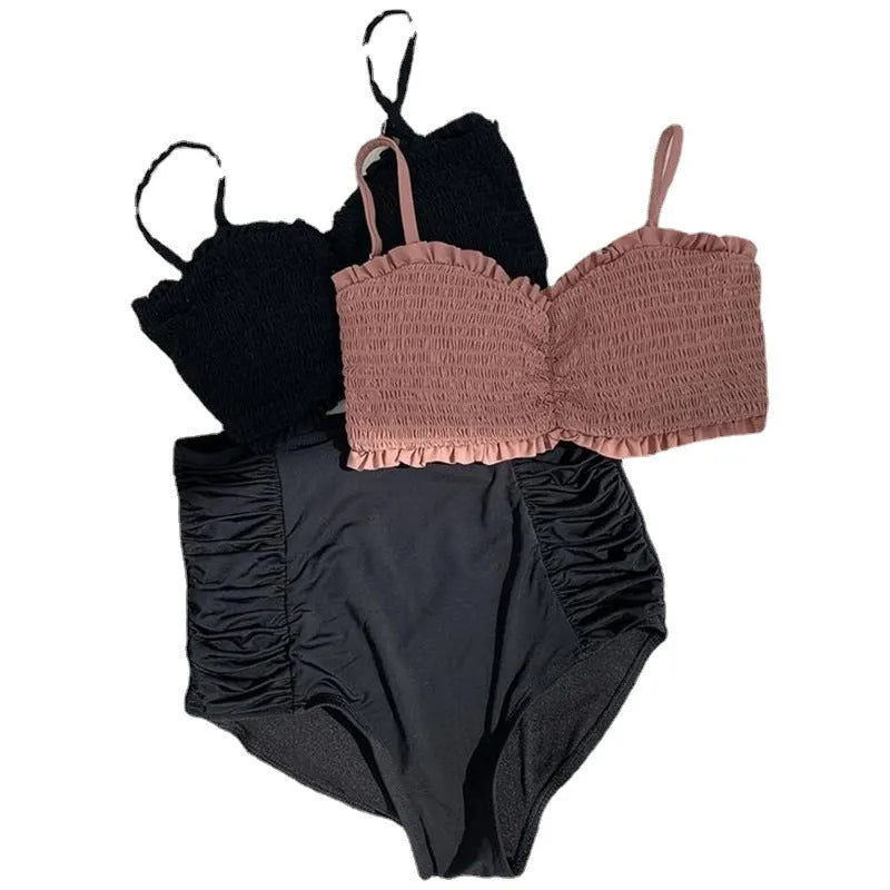 Women's split bikini retro high waist polyester swimwear in cameo brown or black, sizes M L XL