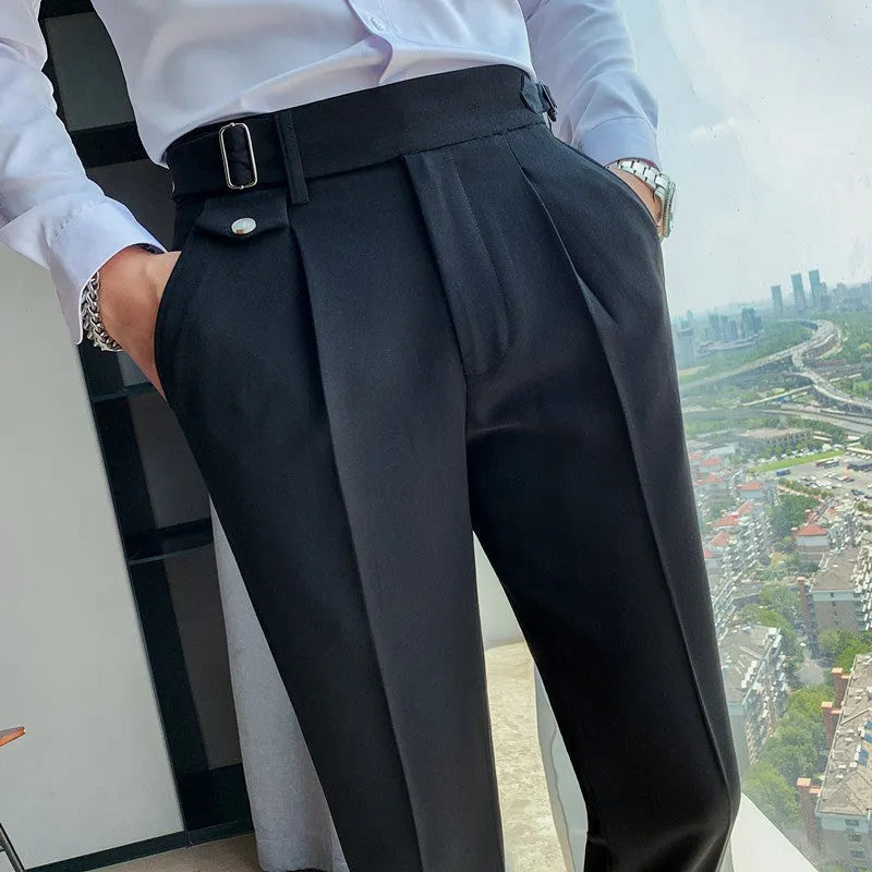 Straight leg casual trousers in polyester fabric showing multiple colour options and sizing from 29 to 36