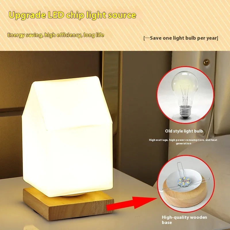 Nordic style USB table lamp with solid wood base and white flower-shaped light