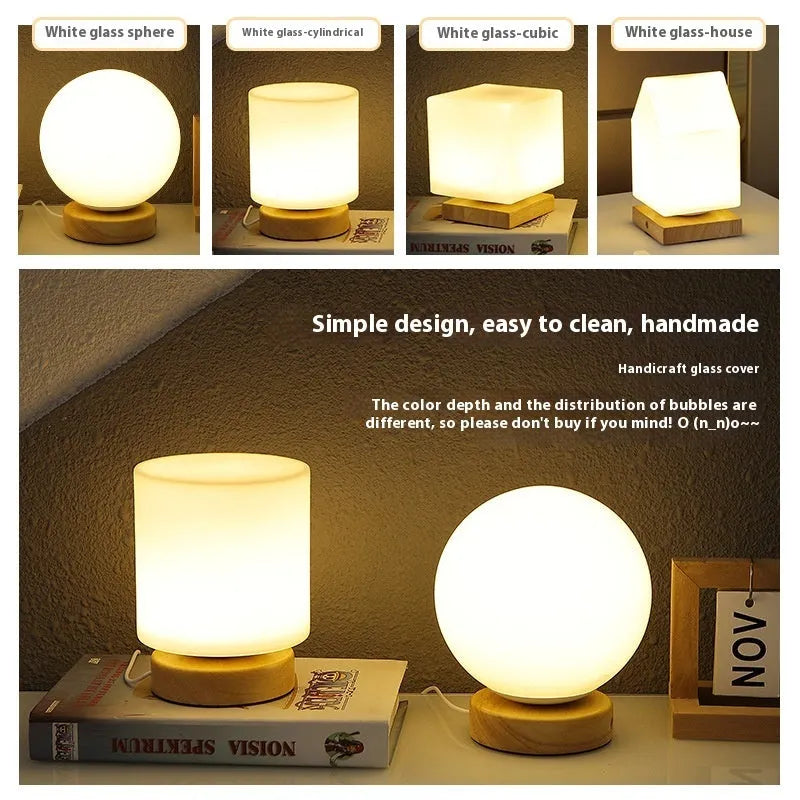 Nordic style USB table lamp with solid wood base and white flower-shaped light