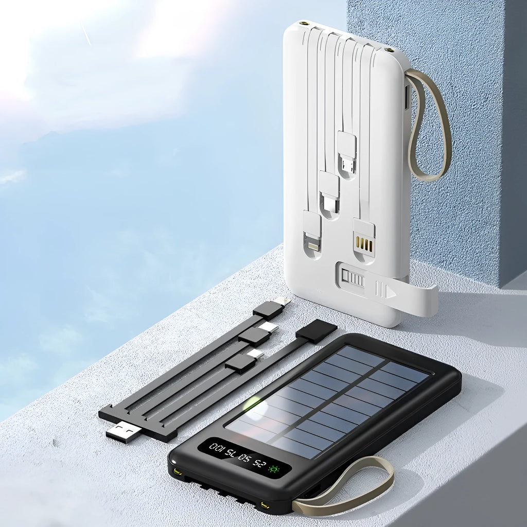 Solar power bank portable charger in black or white with built-in solar panel and high 20000mAh or 30000mAh capacity
