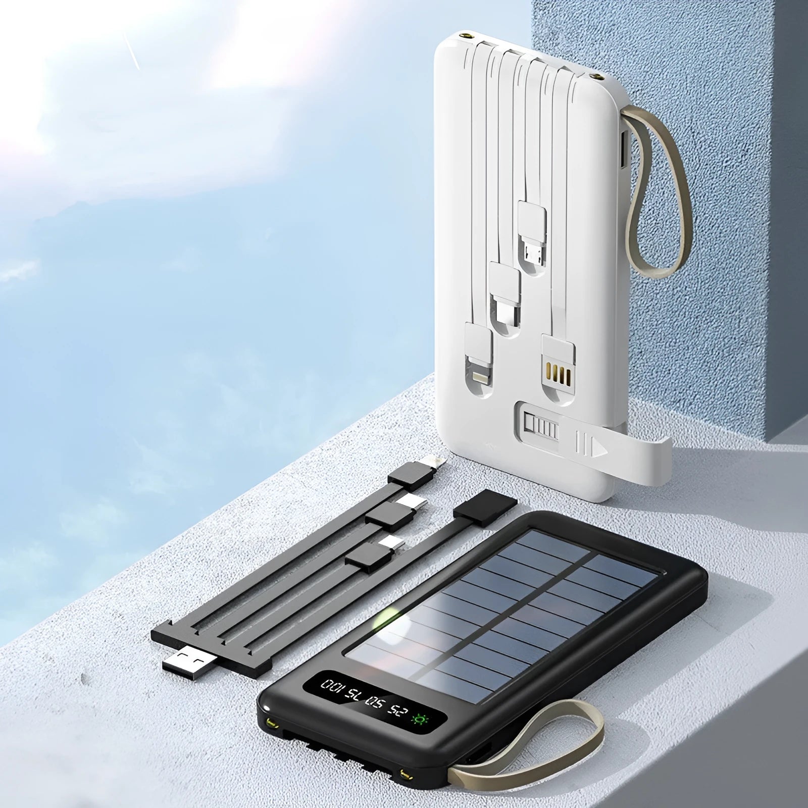 Solar power bank portable charger in black or white with built-in solar panel and high 20000mAh or 30000mAh capacity