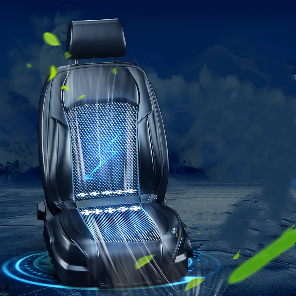 Car seat cooling cushion with ventilation grid and fan unit, shown in black colour