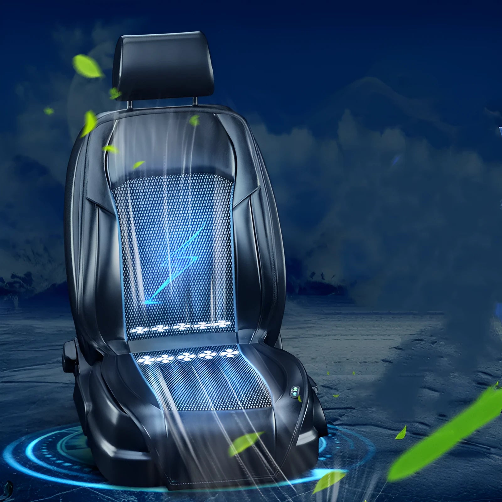 Car seat cooling cushion with ventilation grid and fan unit, shown in black colour