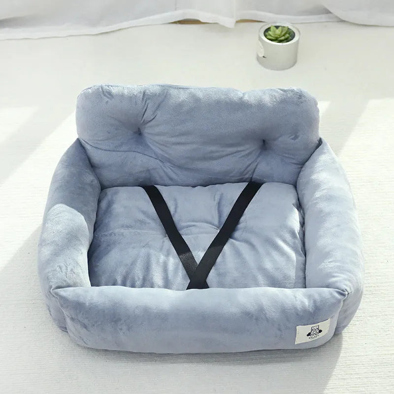 Grey and blue plaid stain-resistant fabric dog travel nests for car use, shown in small and large sizes.