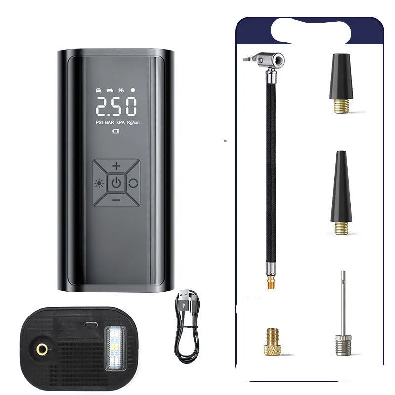Portable wireless digital display car tyre pump with LED light and USB charging port