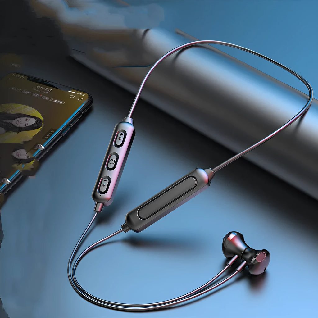 Black neck-mounted wireless Bluetooth sports earphones with bilateral stereo design