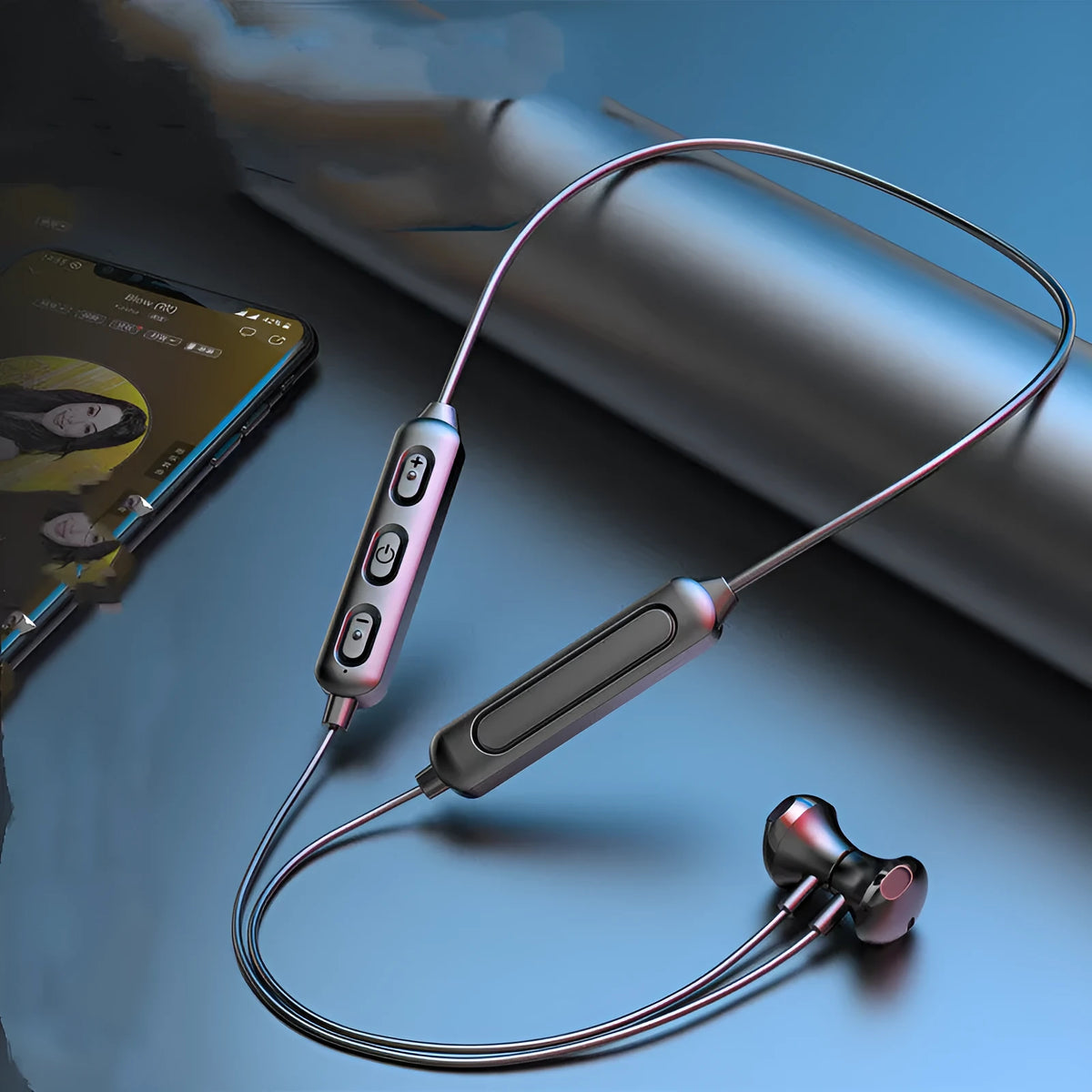Black neck-mounted wireless Bluetooth sports earphones with bilateral stereo design