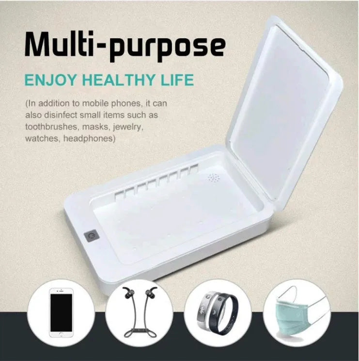 UV mobile phone steriliser unit with purple light, touch controls and capacity for 6.5-inch smartphones