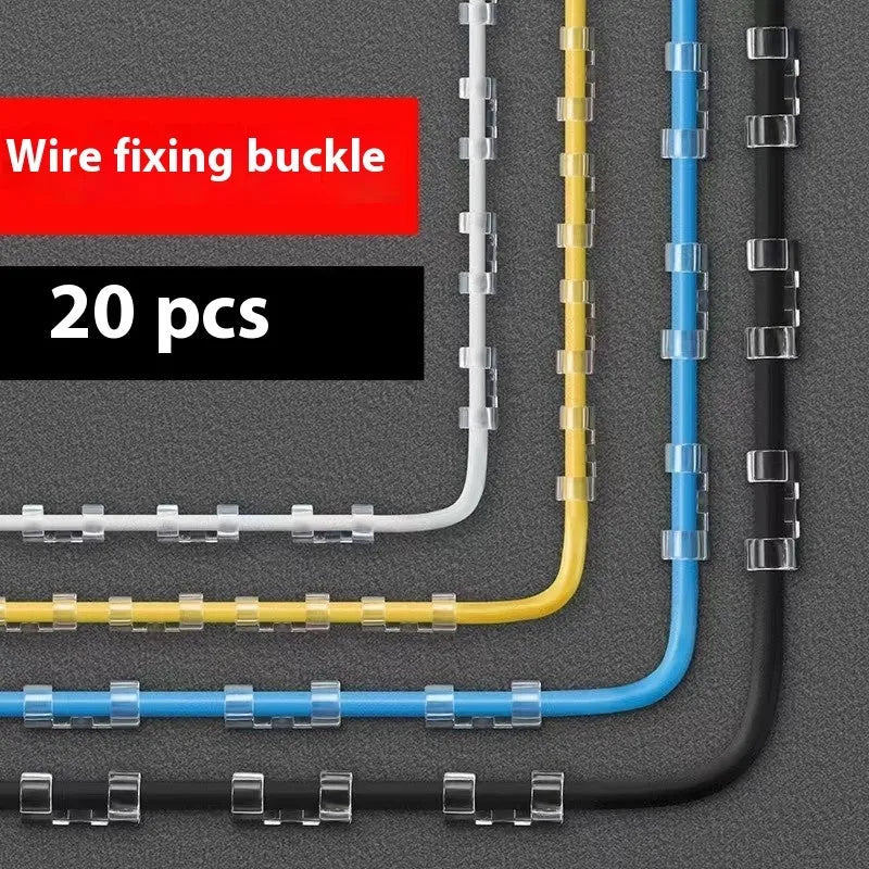 Transparent plastic self-adhesive cable management snap clips in a pack of 20.