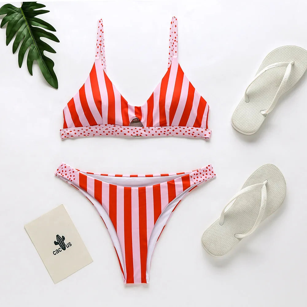 Women's polyester bikini swimsuit with choice of black and white dots or red and white stripes pattern