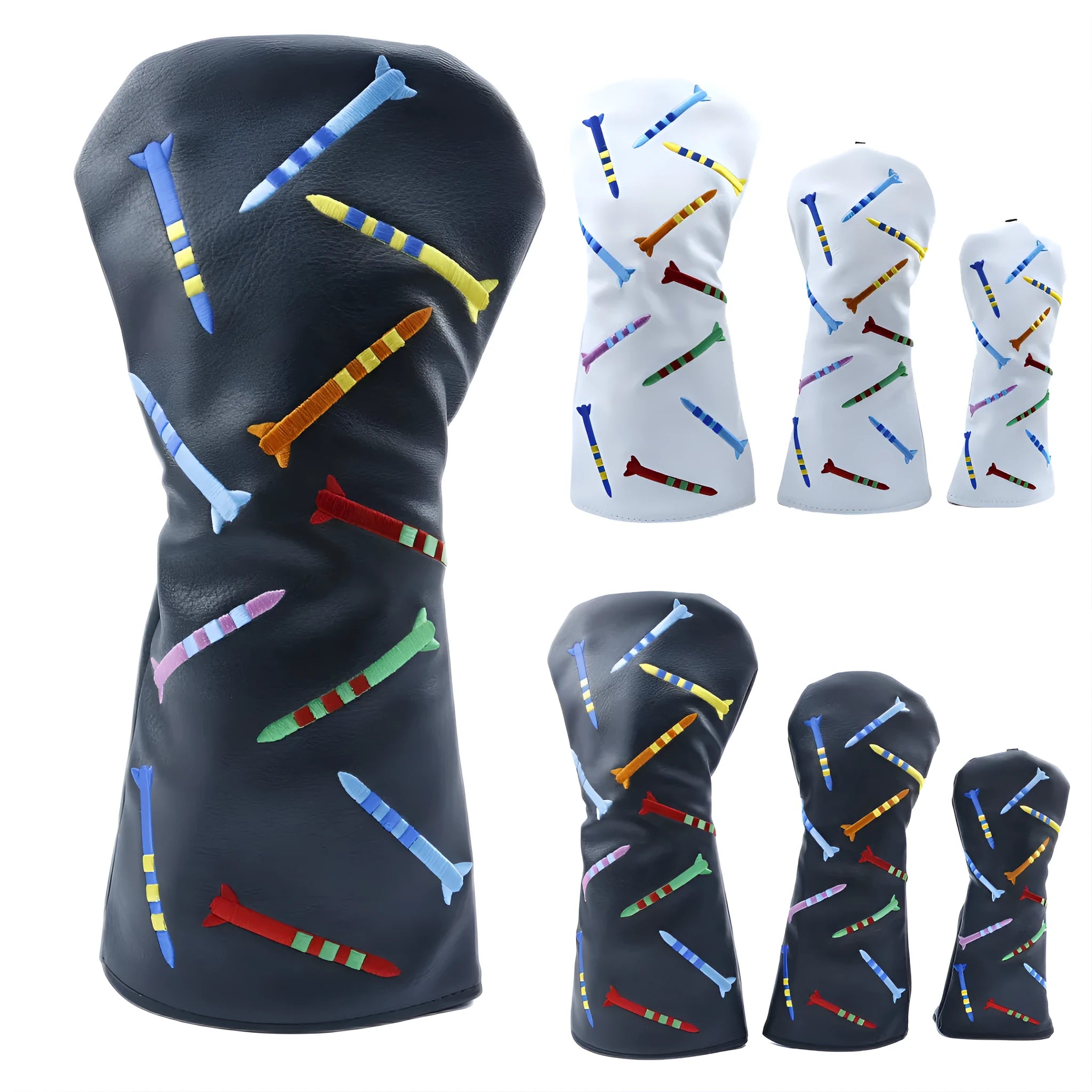 Golf club wooden pole set in black and white colour options showing large, medium, and small sizes.