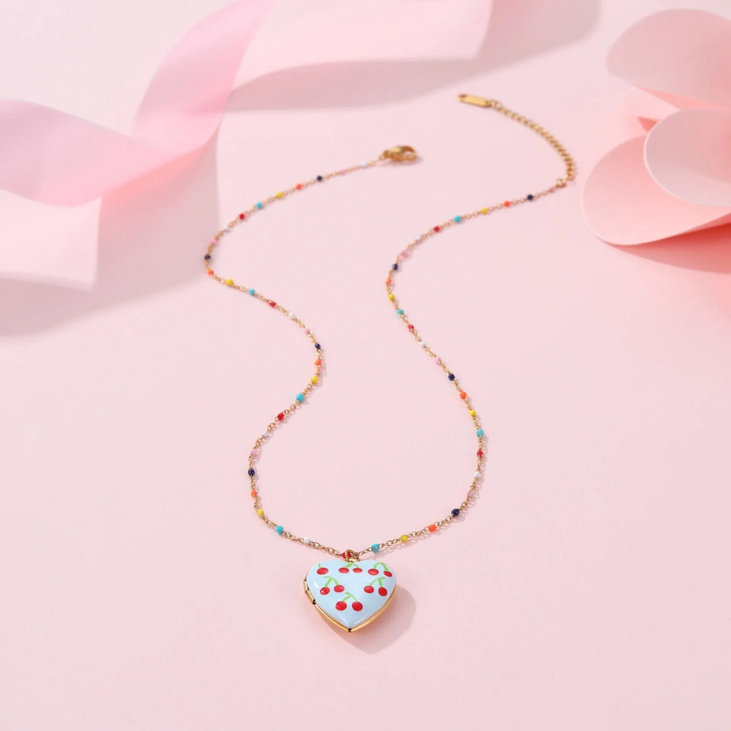 Gold-plated stainless steel necklace with heart-shaped fruit pendant in various designs