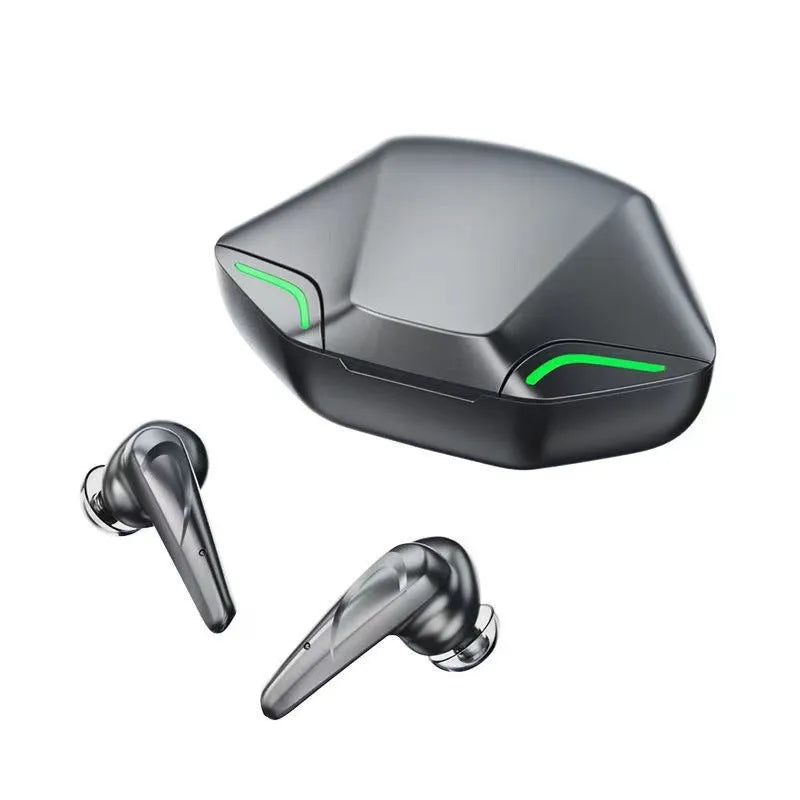 Black wireless gaming earbuds and charging case on a grey background.