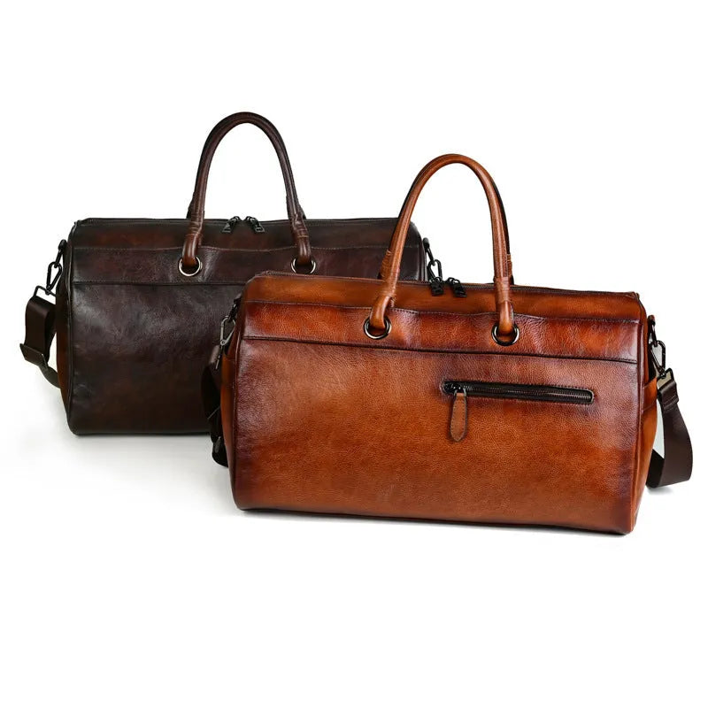 Handmade retro leather bag in vintage brown with first layer cowhide construction and below 20L capacity