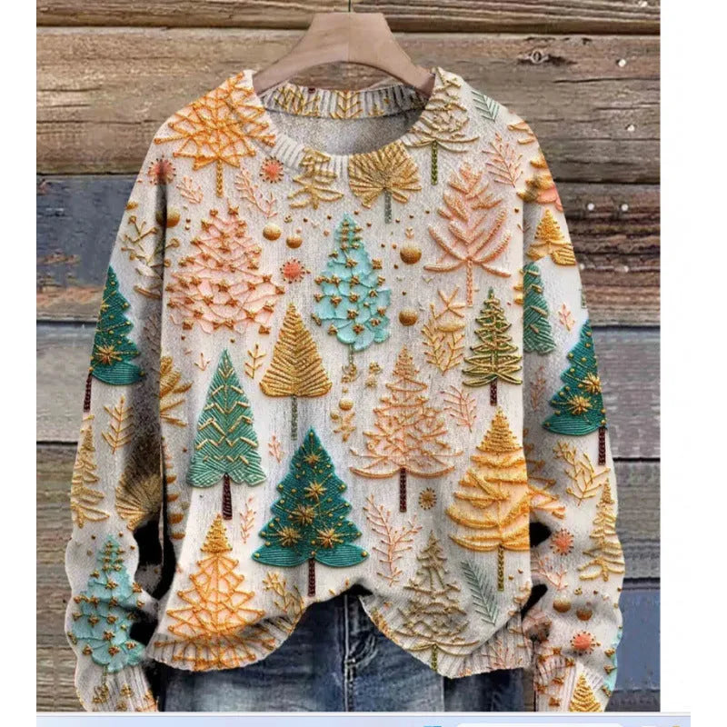 Digital printed little flower pattern round neck sweater in polyester fabric