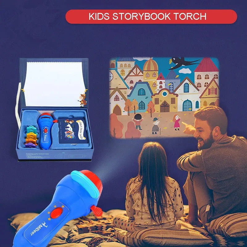 SmartKids children's storybook projector torch with four clip-on fairy tale discs projecting images on bedroom wall