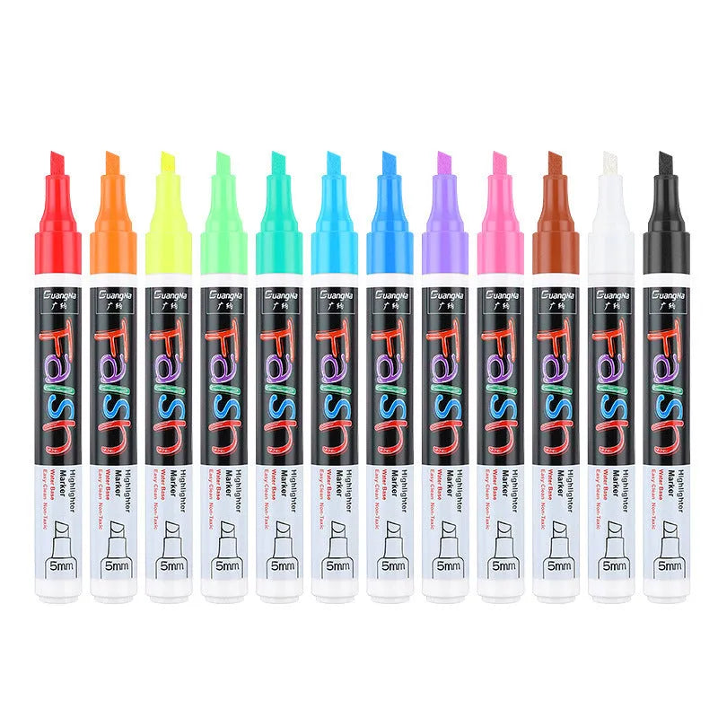 Fluorescent board highlighter with 6mm tip showing oblique pen shape and plastic shell construction