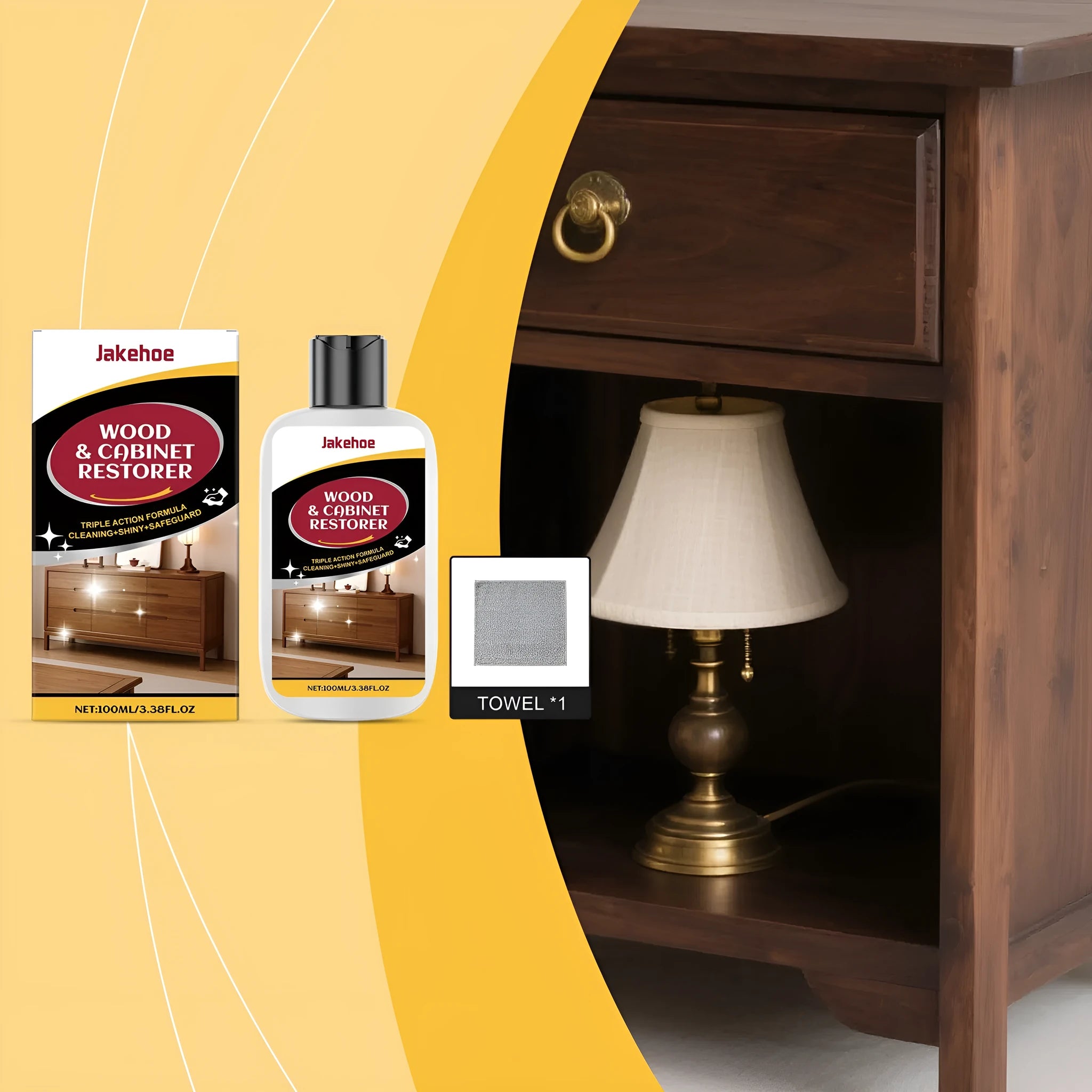 Wooden furniture scratch care solution bottle with microfiber towel for cleaning and maintenance