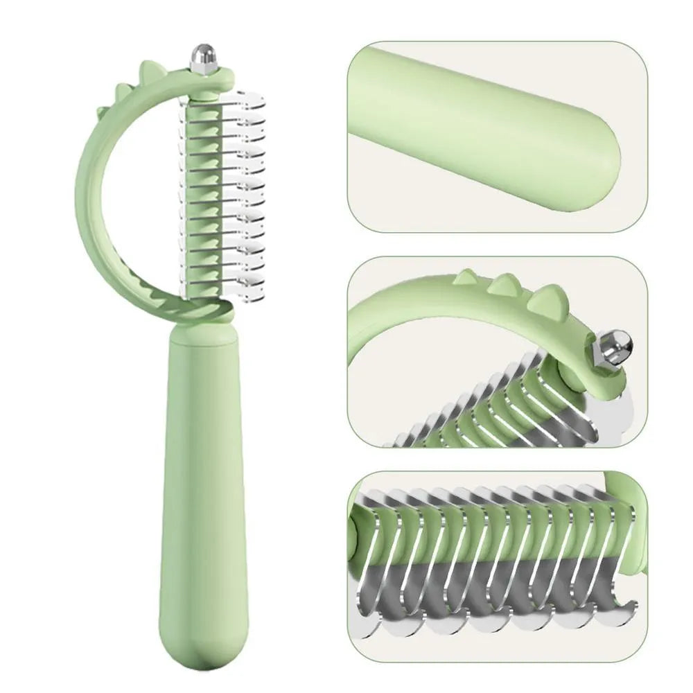 Blue dinosaur-shaped self-cleaning cat brush with stainless steel pins
