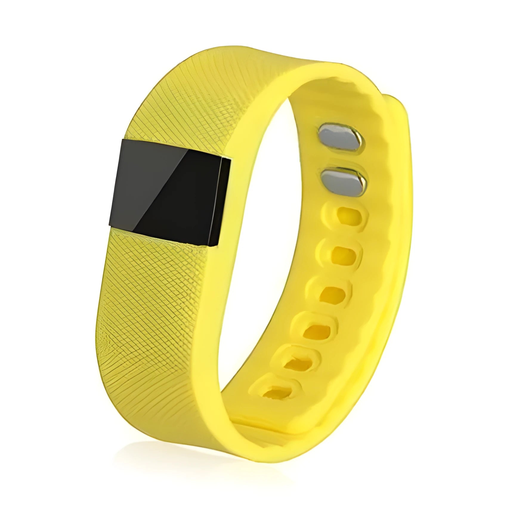 Bracelet pedometer watch in various colours showing digital display tracking steps, distance, calories, and time