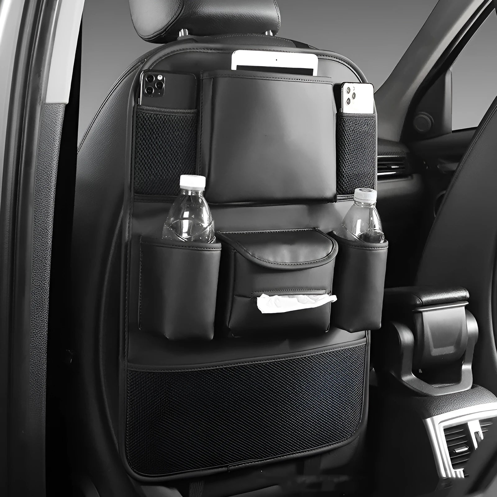 Leather car seat back storage bag in suspended design shown in available colours.