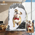 Custom purple sequins backpack with dog photo and drawstring closure showing 34x45cm dimensions