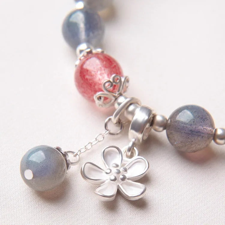 Women's 925 silver bracelet with 7.5mm grey moonlight crystal and honeysuckle charm