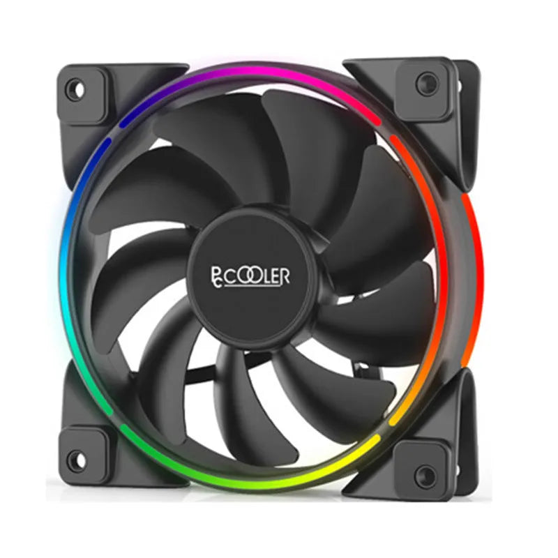 Set of three black 120mm RGB cooling fans for a PC case.