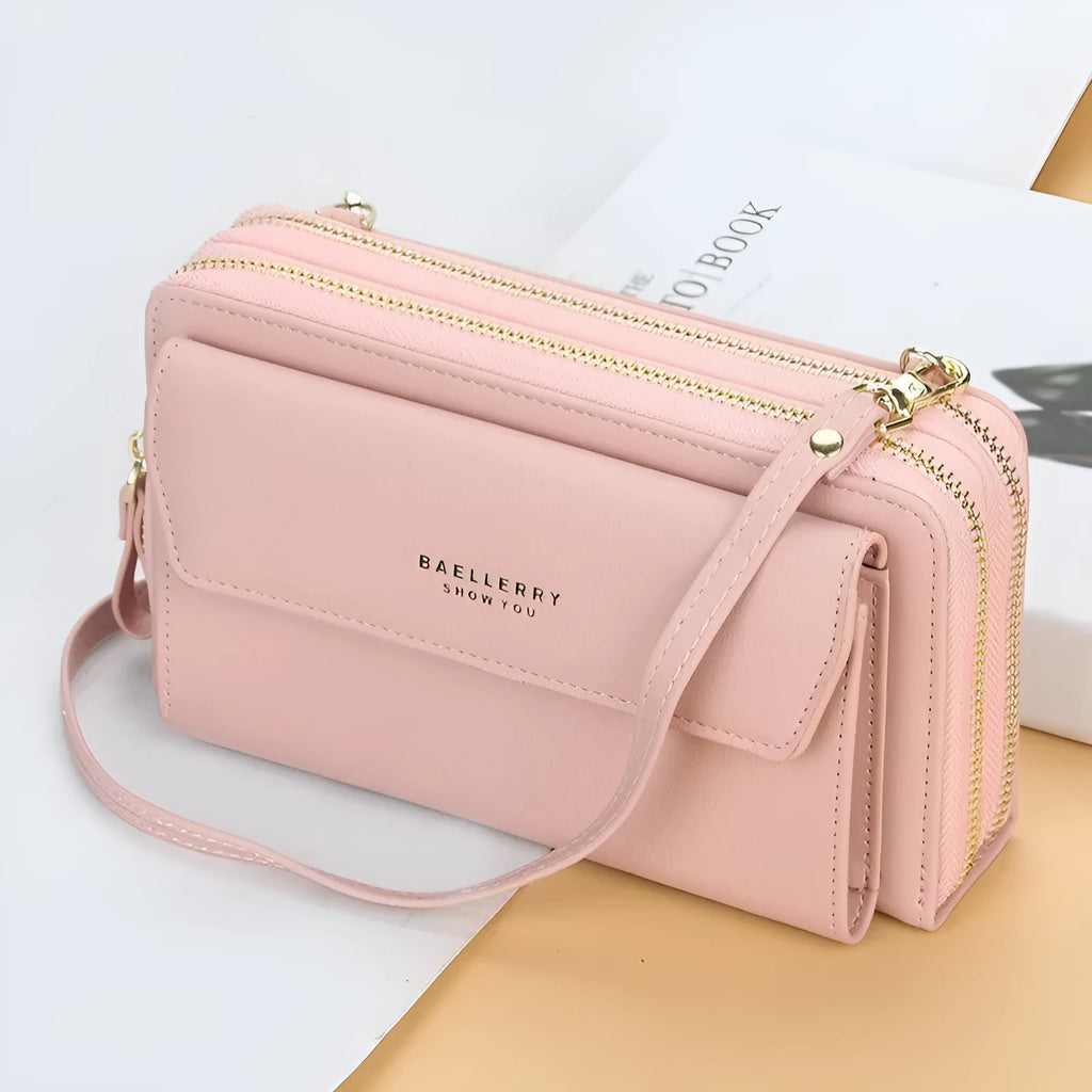 A ladies long wallet in soft PU leather with a double zipper, shown in a horizontal square shape.